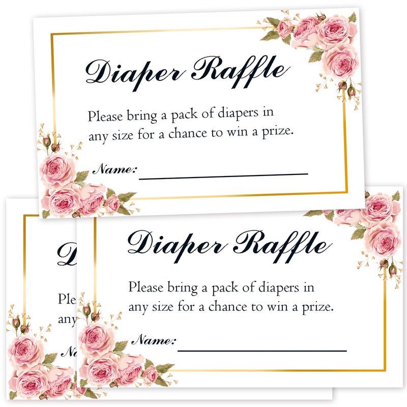 Giftideaworkshop 50 Floral Diaper Raffle Tickets for Baby Shower, Pink Floral Diaper Raffle Ticket Lottery Insert Cards, Bring a Pack of Diapers to Win Favors, Baby Shower Games for Girls. - Image 1